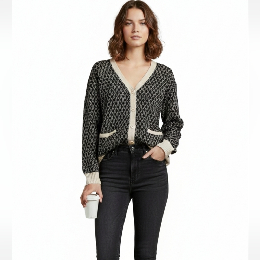 BDG Urban Outfitters Grandpa Cardigan Sweater M Black Cream Diamond Knit